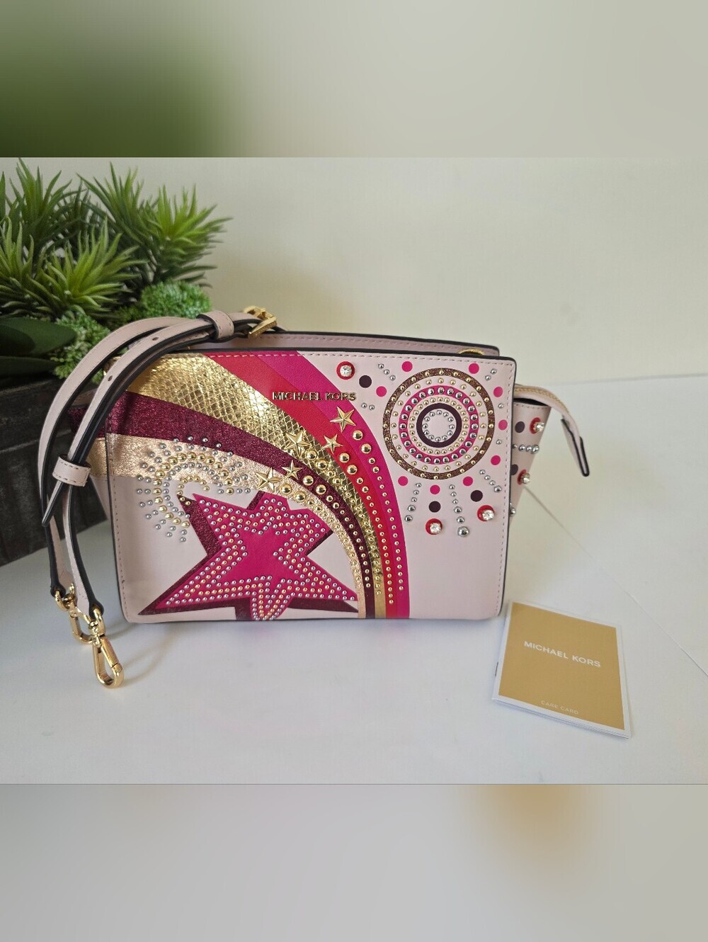 Michael Kors Selma Studded Firework Messenger Crossbody Bag Pink Multi - Picture 3 of 14